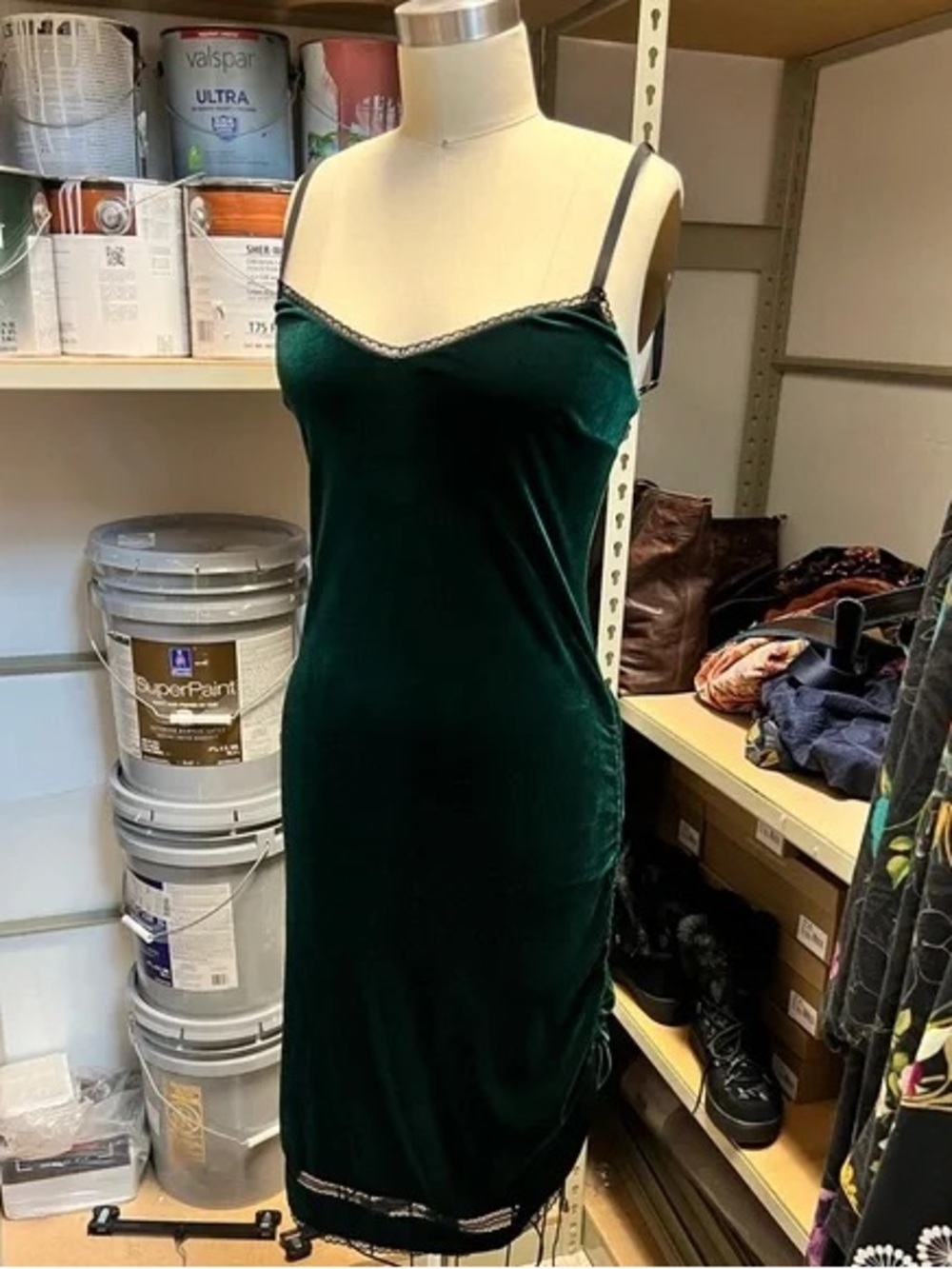 Patrizia Pepe Emerald Green Velvet Slip Dress with Black Trim